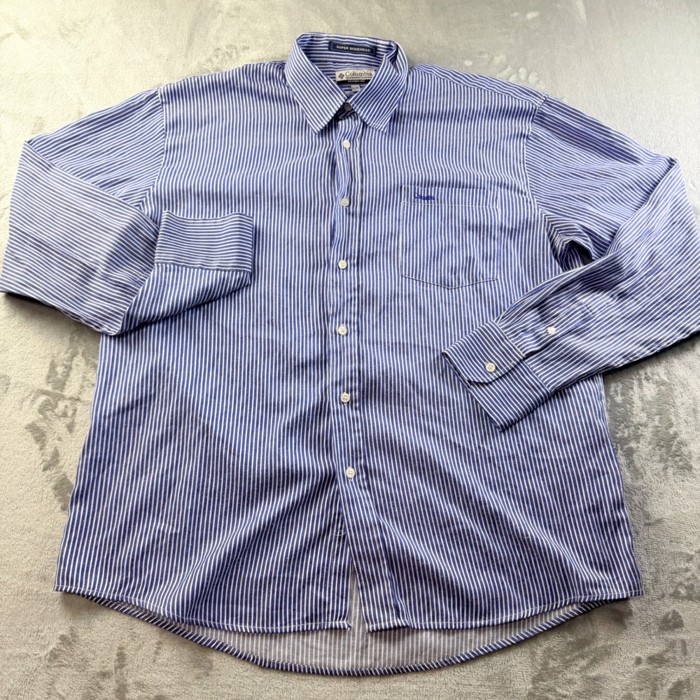 Columbia Super Bonehead Long Sleeve Button Down Shirt Blue White Pinstripe 2XL